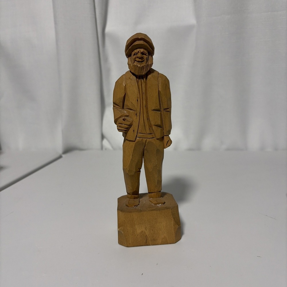 Vintage Folk Art Hand Carved Wood Fisherman Sculpture 8" Statue USA Made